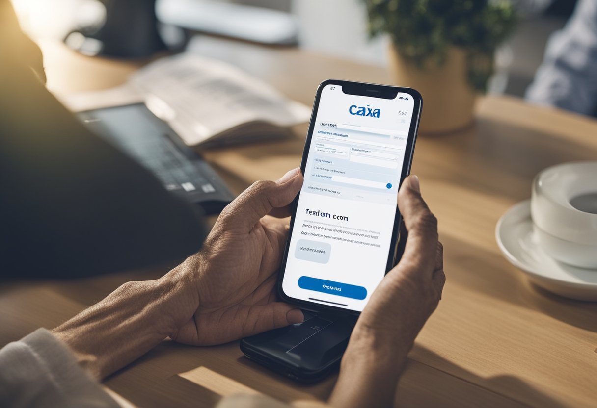 Uma pessoa aposentada usando um smartphone para acessar o aplicativo Caixa Tem, com um formulário de solicitação de empréstimo na tela.