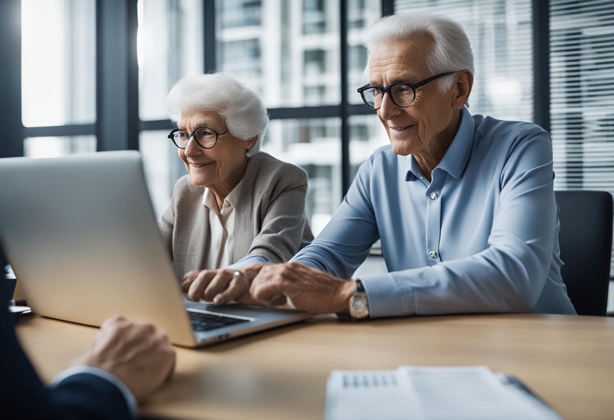 Uma pessoa idosa sentada em uma mesa com um laptop, conversando com um representante do banco sobre um empréstimo. O logo da Caixa Tem é visível ao fundo.
