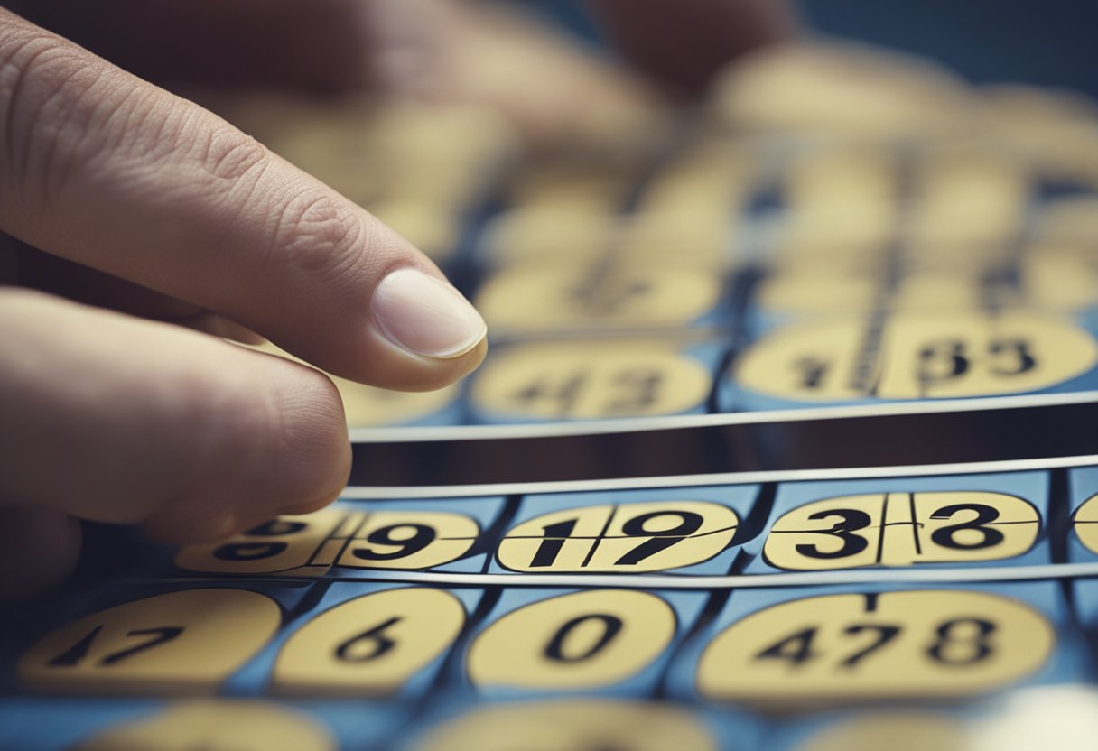 Uma pessoa selecionando cuidadosamente números de um bilhete de loteria com uma expressão pensativa