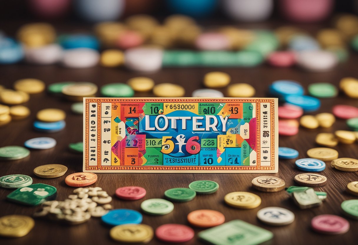Um bilhete de loteria colorido cercado por amuletos da sorte e símbolos