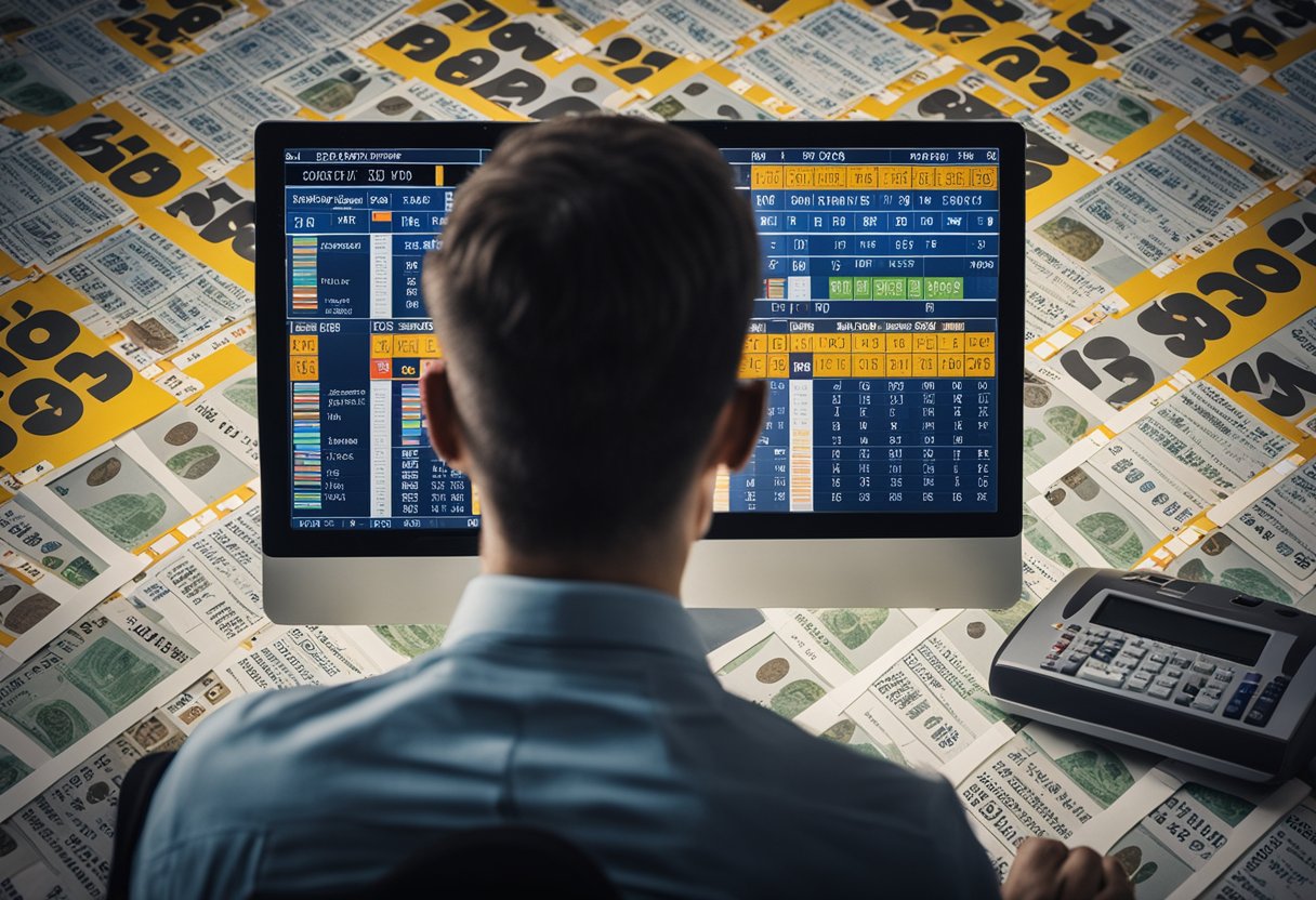 Uma pessoa estudando números e padrões, cercada por bilhetes de loteria e uma tela de computador exibindo dados estatísticos.