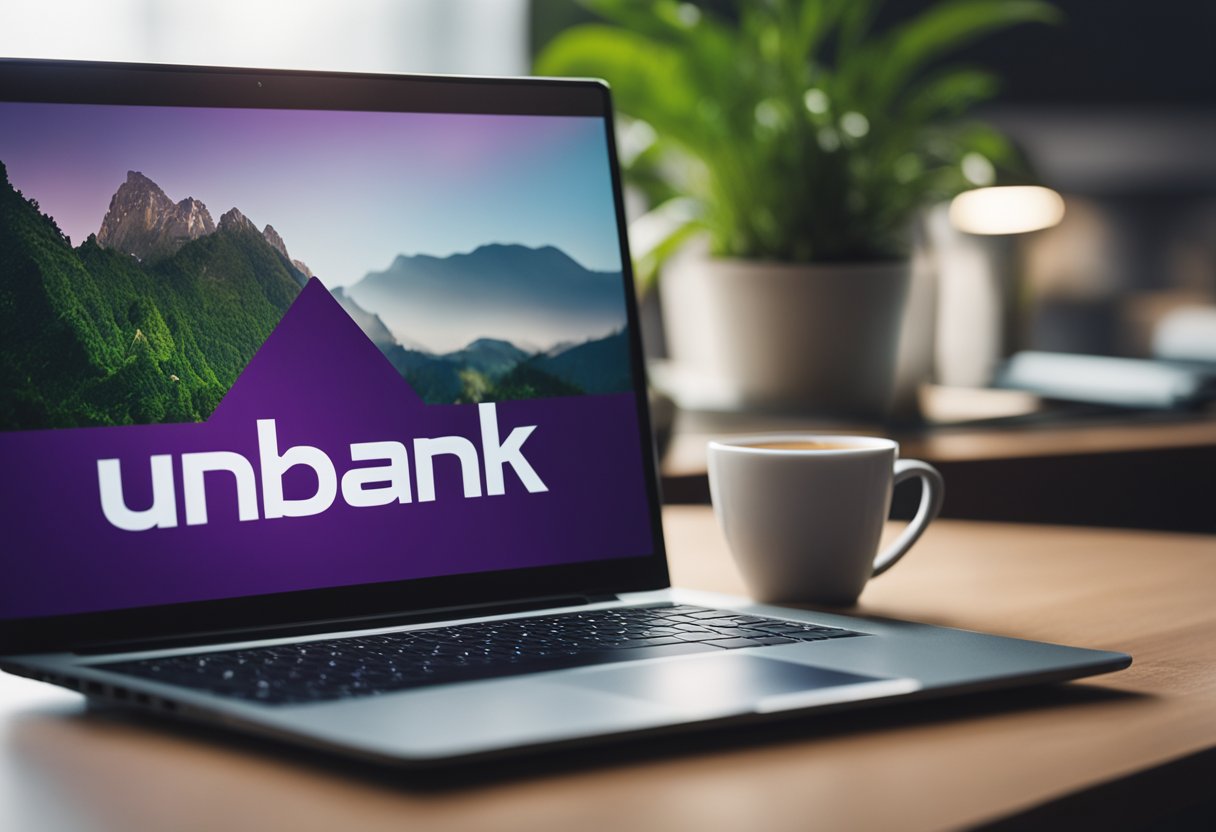 Um laptop com o logo do Nubank na tela, cercado por um espaço de trabalho moderno com uma xícara de café e uma planta em vaso