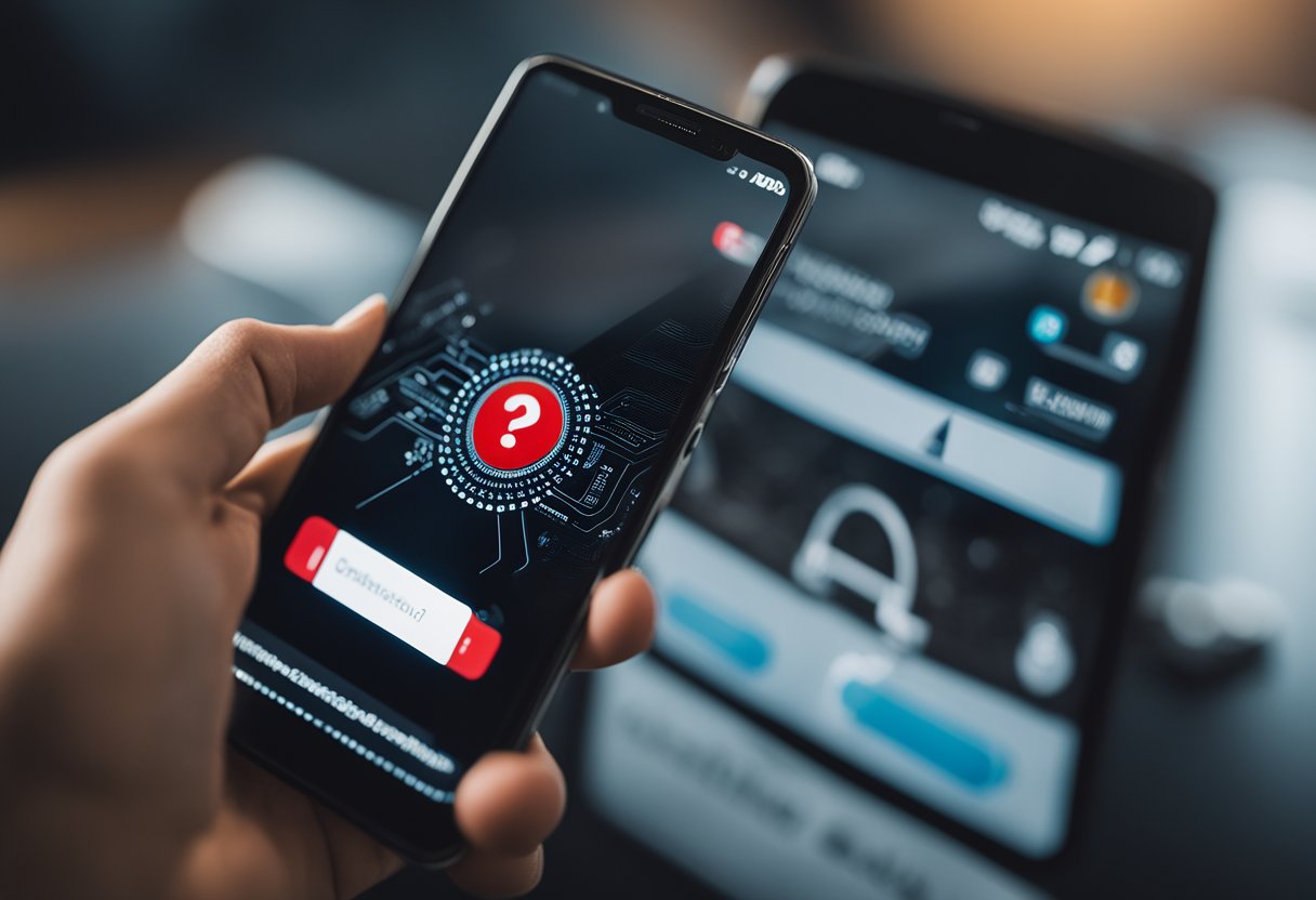 Um smartphone com o ícone do aplicativo Santander exibido, cercado por um ponto de interrogação e um símbolo de solução de problemas