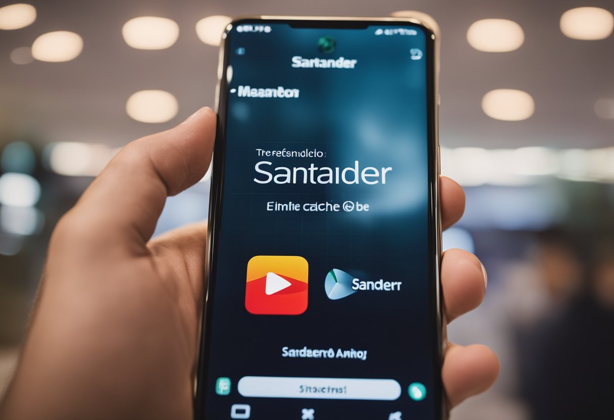 Um smartphone com o ícone do aplicativo Santander exibido na tela, com uma mão tocando na opção "Limpar Cache e Dados" nas configurações do aplicativo.