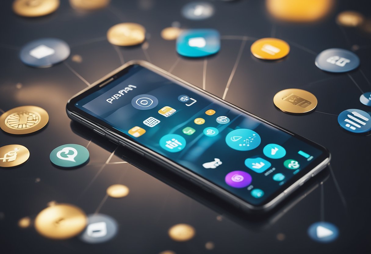 Um smartphone com um aplicativo de pagamento Pix aberto, cercado por vários ícones representando diferentes maneiras de ganhar dinheiro.