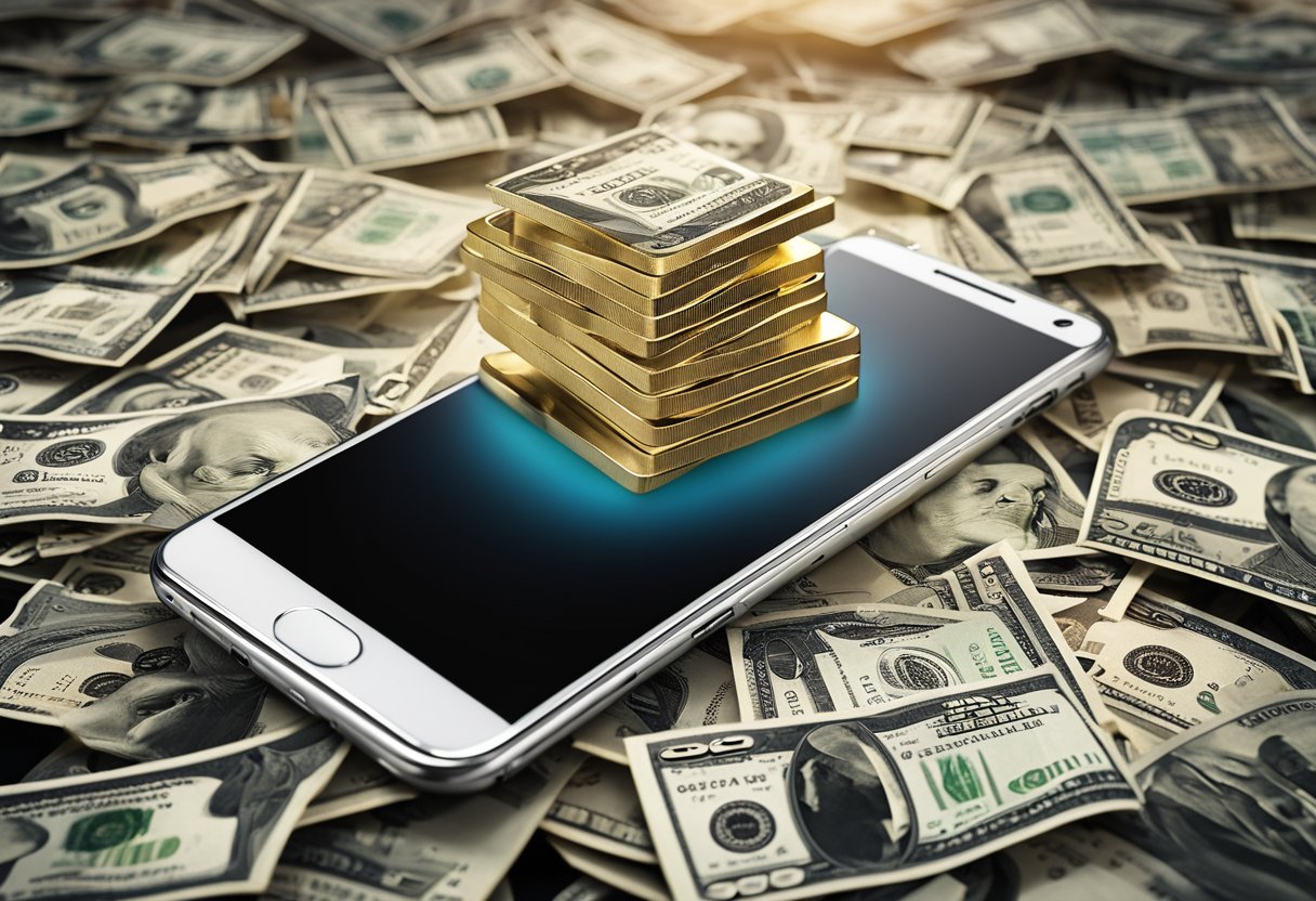 Um smartphone com um aplicativo do Pix aberto, cercado por ícones de vários aplicativos para ganhar dinheiro, com um código QR do Pix exibido na tela.