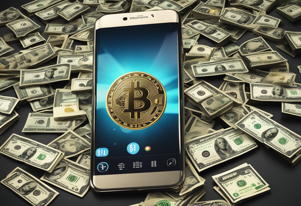 Um smartphone com vários ícones de aplicativos para ganhar dinheiro exibidos, um logo do Pix e uma pilha de dinheiro ao lado.