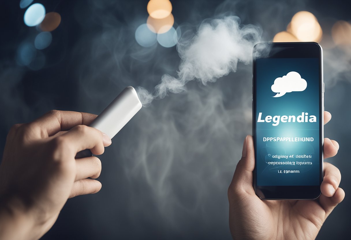 Uma mão segurando um smartphone com uma bolha de fala contendo a palavra "legenda" desaparecendo em uma nuvem de fumaça