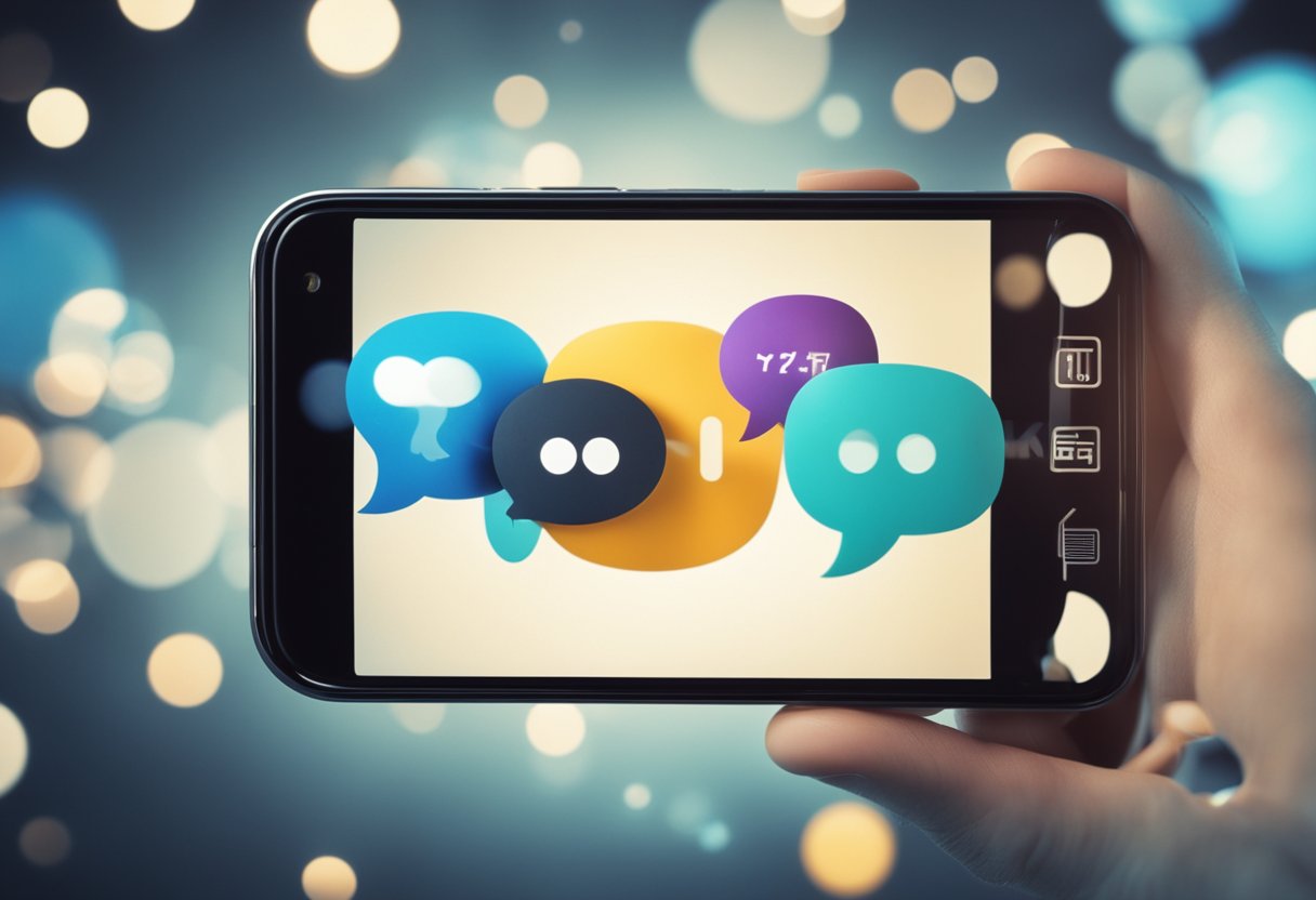 Um smartphone com um ícone de balão de fala, um dedo tocando a tela e o balão de fala desaparecendo