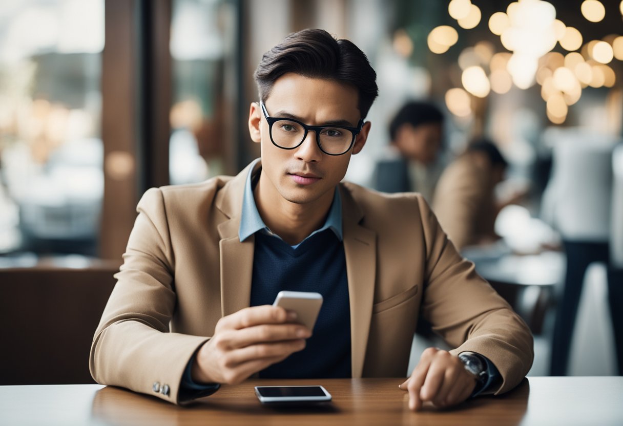 Uma pessoa usando um smartphone para fazer um pagamento, com uma expressão confusa ao falhar a transação.