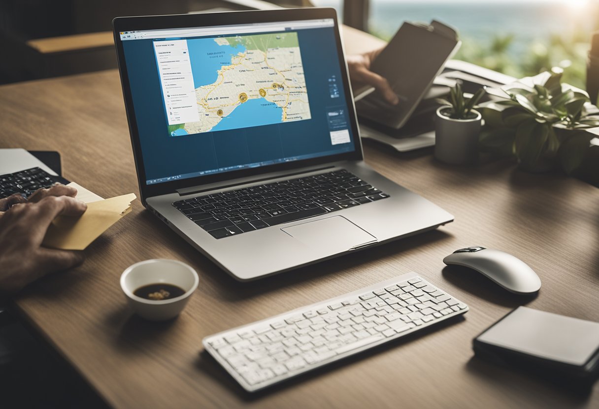 Uma pessoa sentada em uma mesa com um laptop, digitando no teclado enquanto um mapa do Brasil é exibido na tela. Um cartão com "Auxílio Brasil" está sendo traçado no mapa.