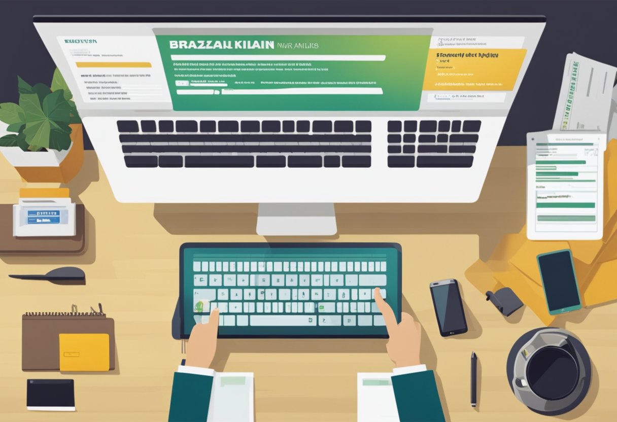 Uma pessoa sentada em uma mesa, digitando em um computador para acompanhar seu cartão de auxílio brasileiro e receber benefícios rapidamente.