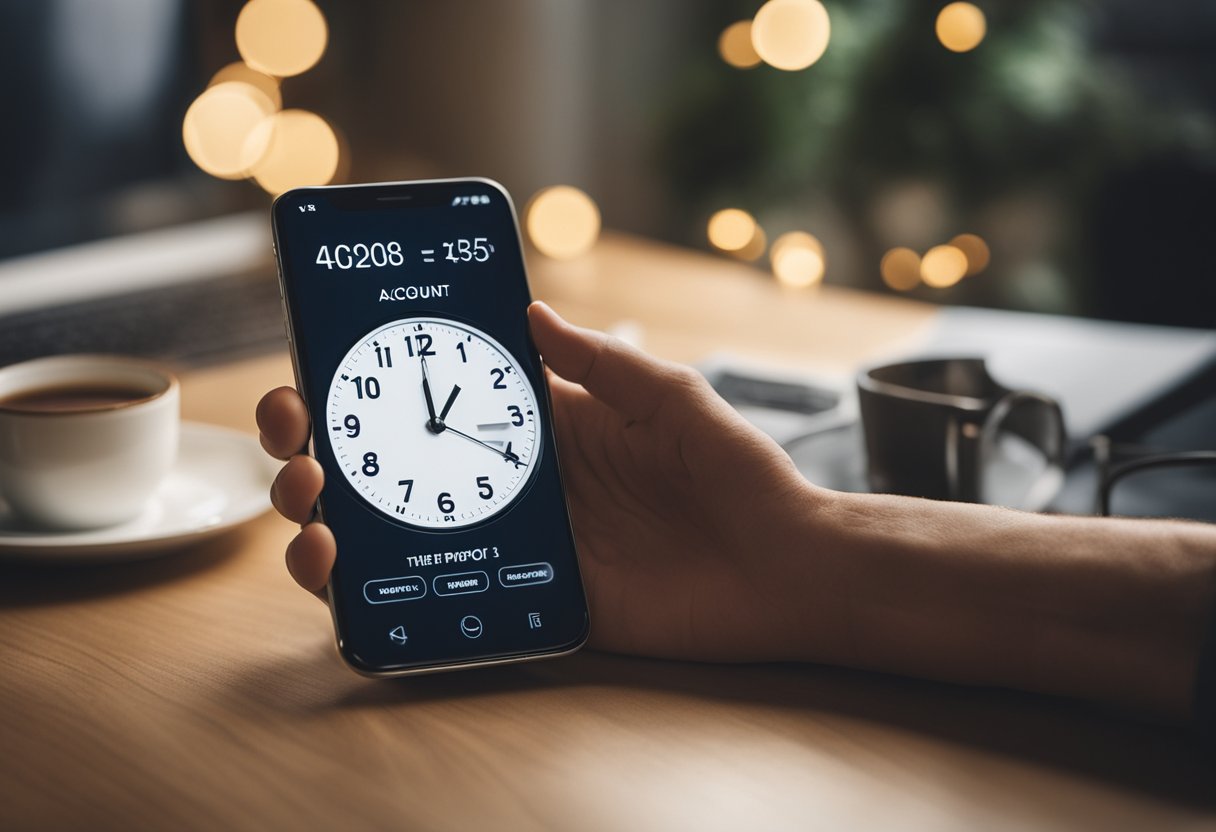 Uma pessoa ansiosamente verificando seu telefone em busca de atualizações sobre a aprovação de sua conta no C6 Bank, cercada por um relógio mostrando a passagem do tempo.