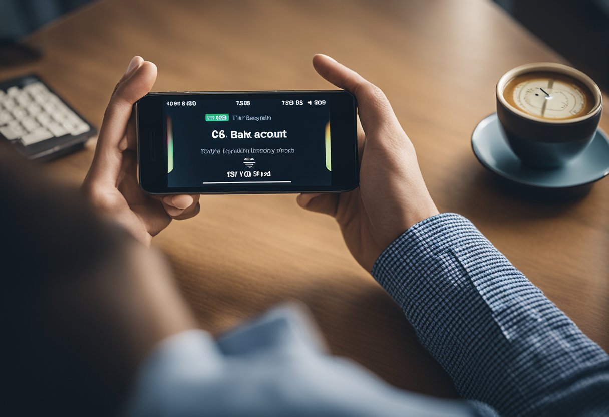 Uma pessoa esperando pela aprovação da sua conta no C6 Bank, olhando a hora em um relógio enquanto segura seu celular.