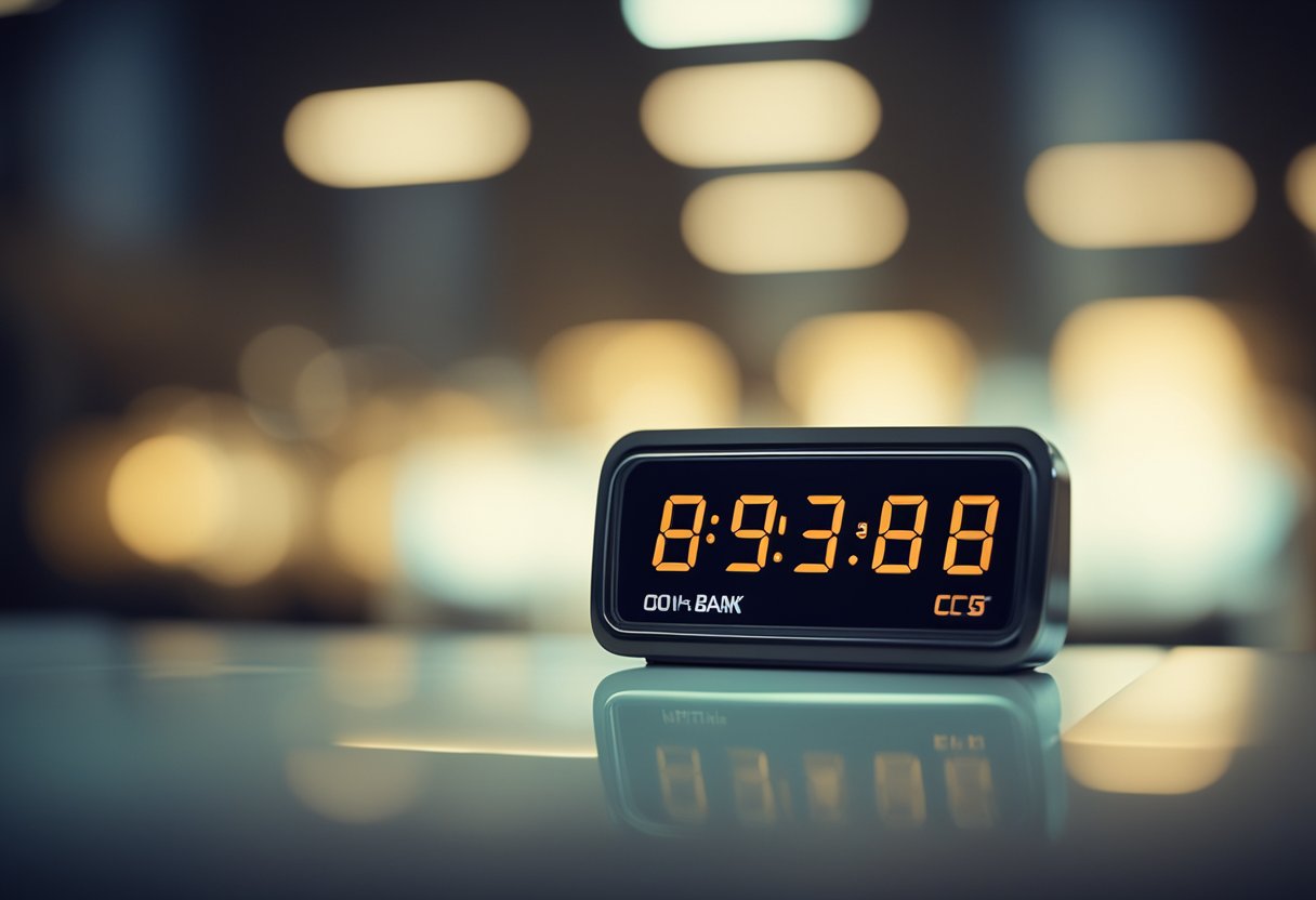 Um relógio digital exibindo a passagem do tempo, com o logo do Banco C6 ao fundo, simbolizando o tempo médio de espera pela aprovação da conta.