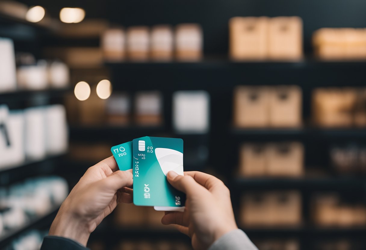 Uma mão segurando um cartão N26 enquanto faz uma compra em uma loja elegante e moderna
