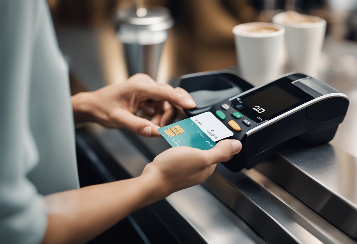 Uma pessoa usando o cartão N26 para fazer um pagamento por aproximação em um café movimentado
