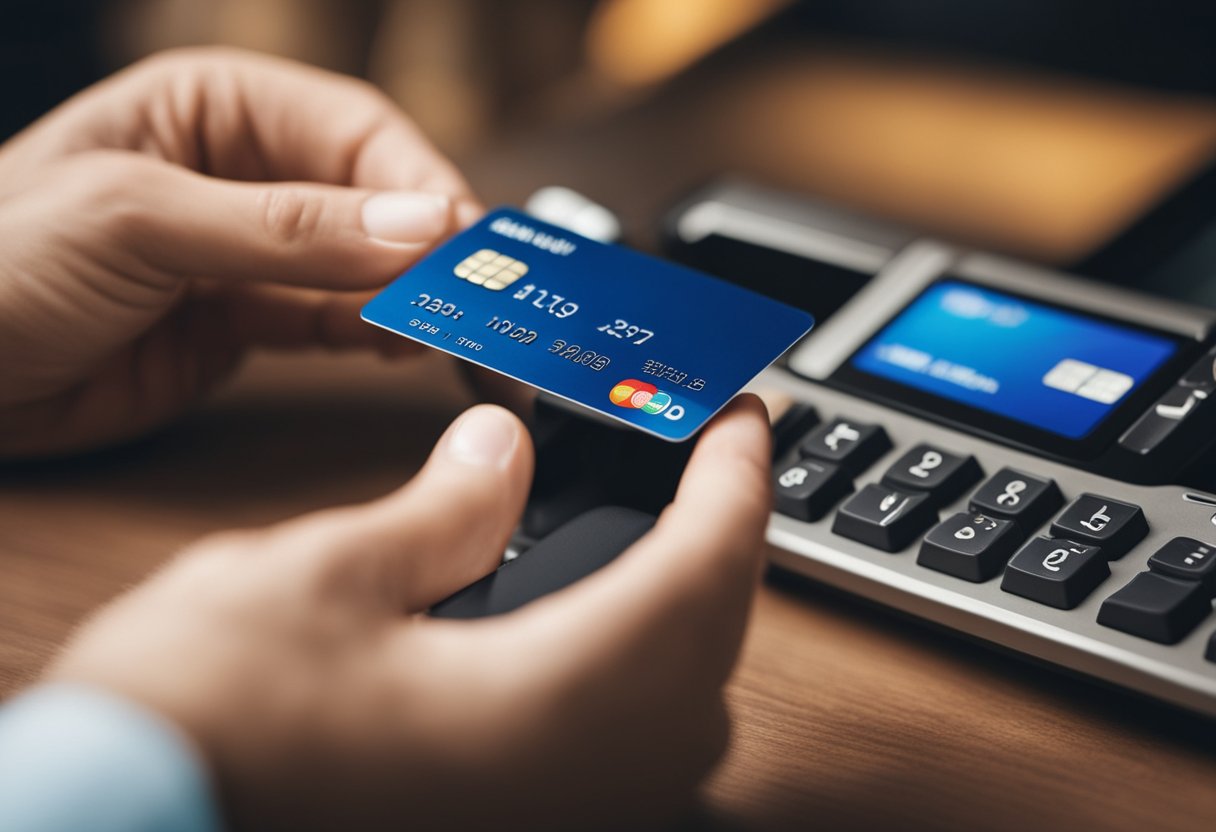 Uma pessoa usando felizmente seu cartão de crédito do C6 Bank para pagar suas despesas mensais, com uma taxa de parcela reduzida visível na tela.