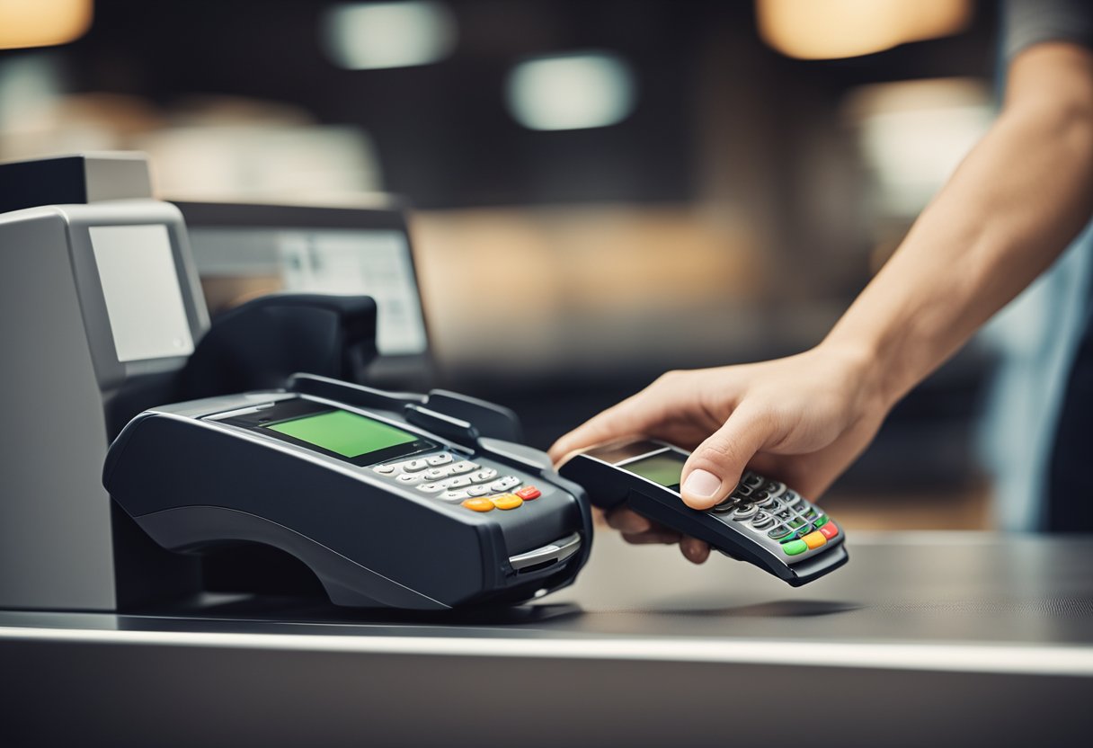 Um cartão bancário moderno e elegante sendo passado por um terminal de pagamento em um balcão de checkout