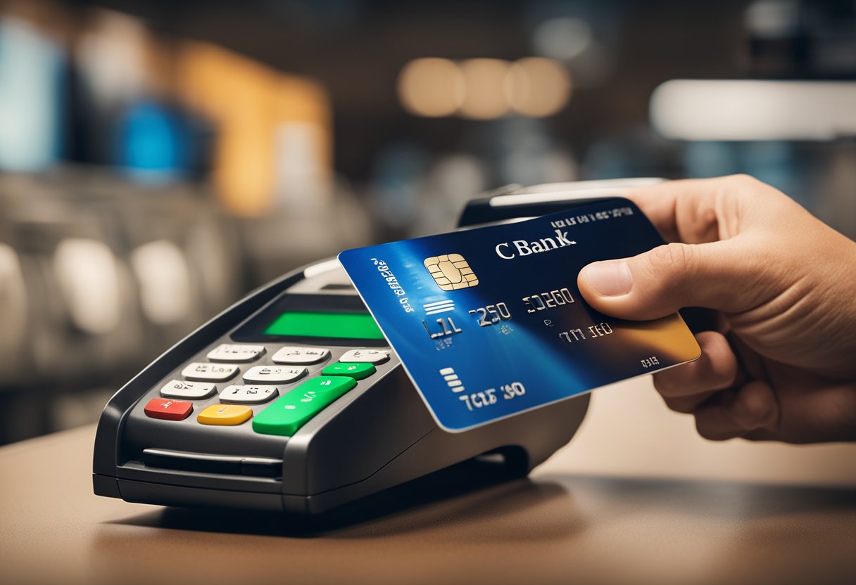 Um cartão de crédito sendo passado por um terminal de pagamento com o logo do C6 Bank, enquanto um sinal de porcentagem diminui de tamanho acima dele.
