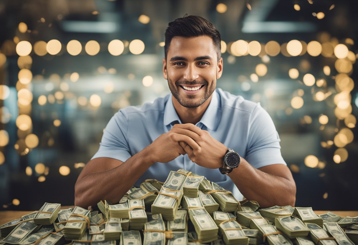 Arthur Aguiar celebra com uma pilha de dinheiro e um troféu do Big Brother Brasil