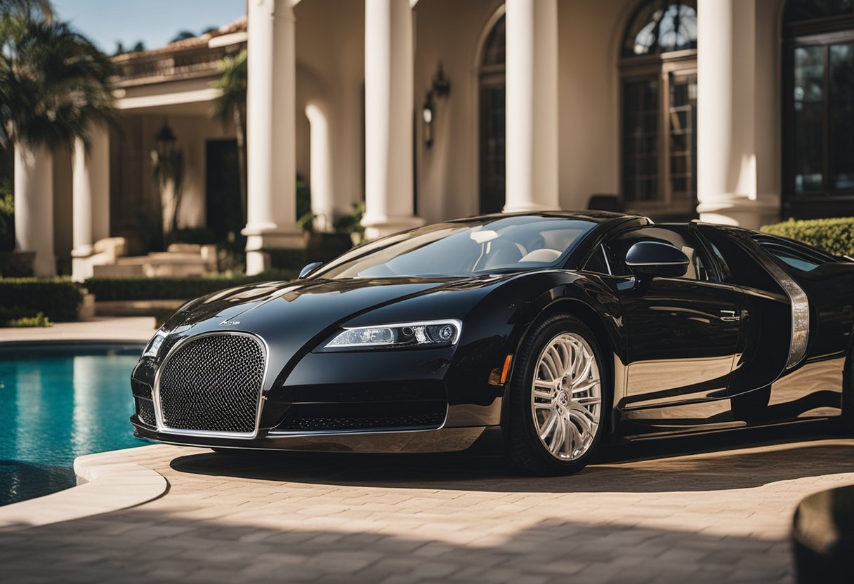 Uma mansão luxuosa com uma piscina cintilante e carros de luxo estacionados do lado de fora, simbolizando a riqueza de Arthur Aguiar por ter ganho o prêmio do BBB.