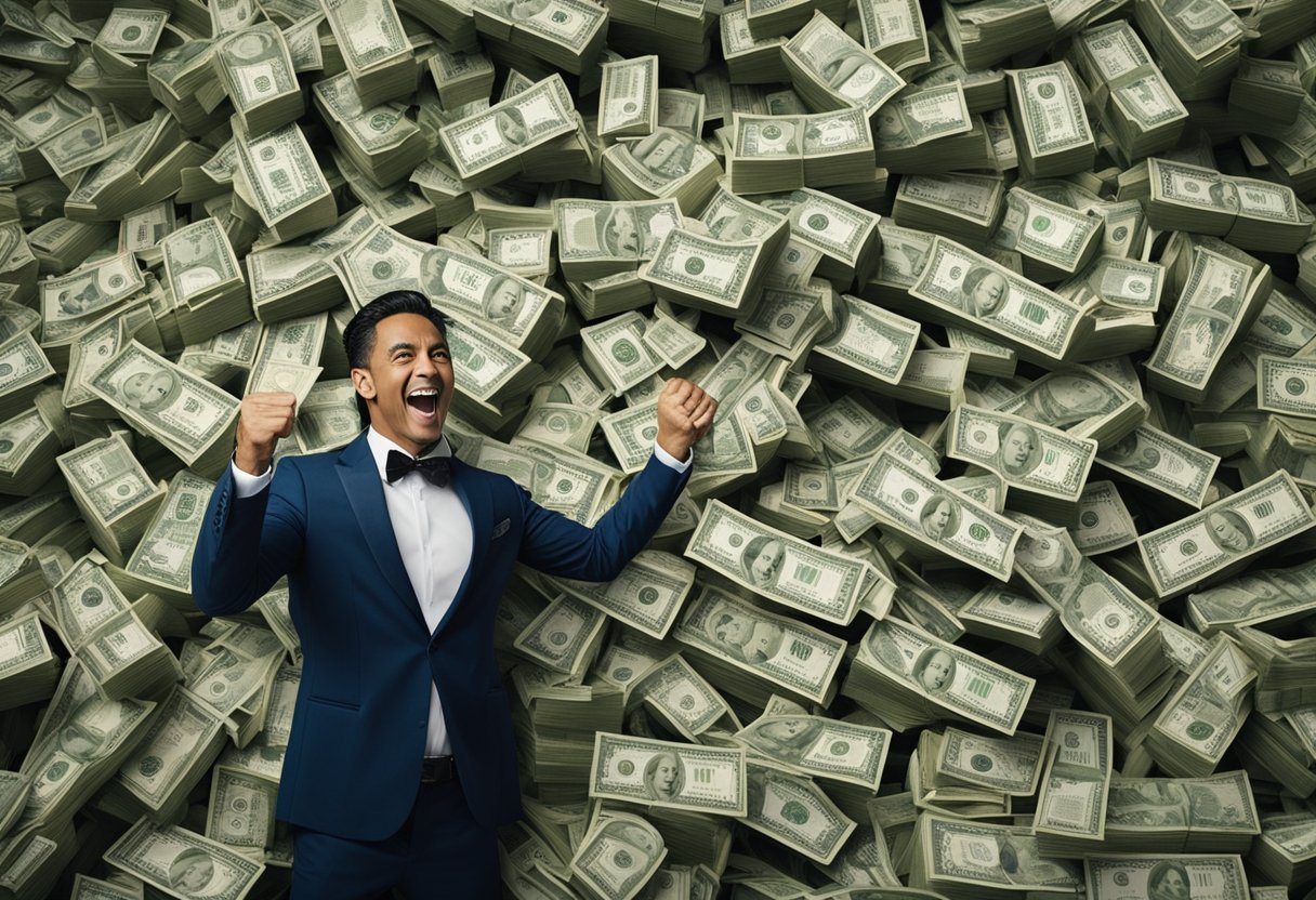 Arthur Aguiar comemorando com uma grande pilha de dinheiro por ter vencido o BBB