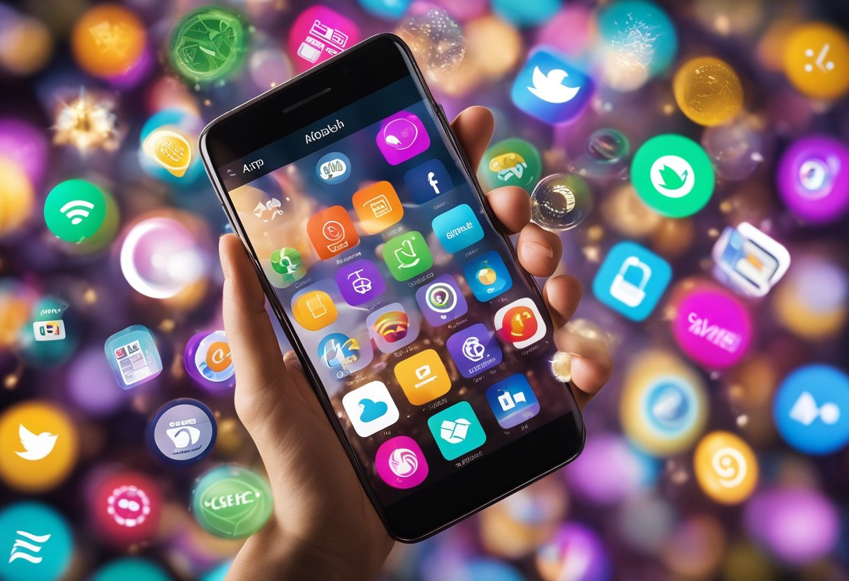 Um smartphone exibindo o aplicativo Ame Digital com várias ofertas de cashback e opções de pagamento digital.