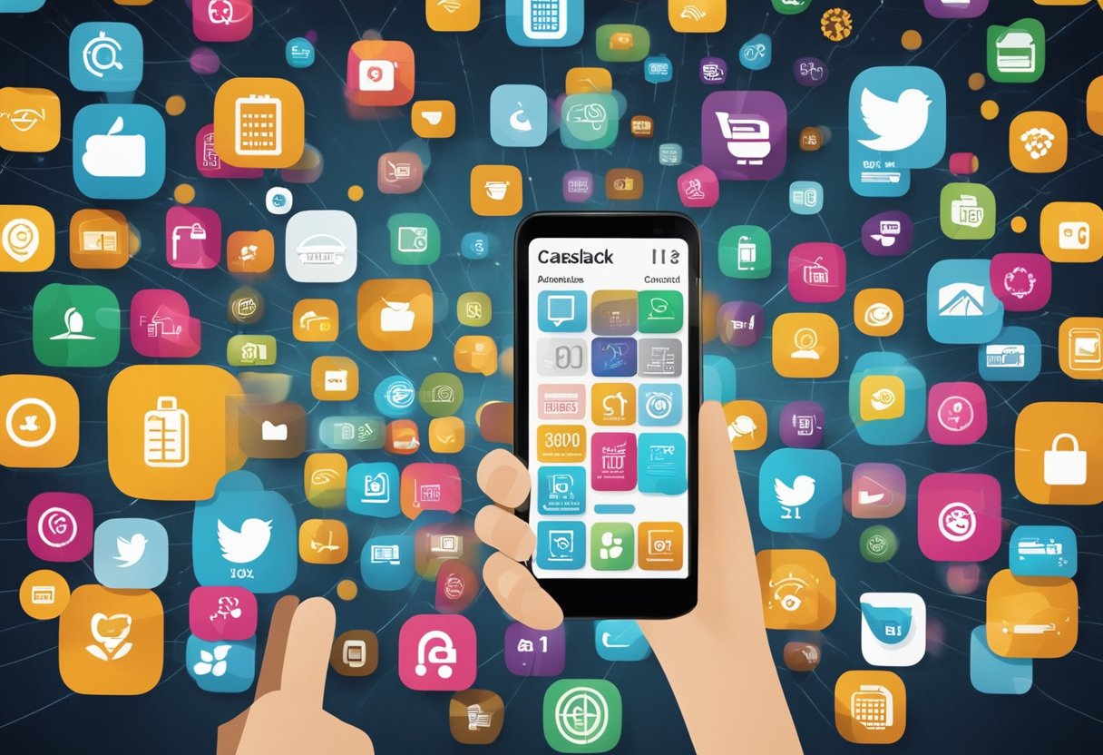 Ame Digital: Um smartphone exibindo o aplicativo Ame Digital, com vários ícones para cashback, pagamentos e recompensas, cercado por clientes e comerciantes felizes.