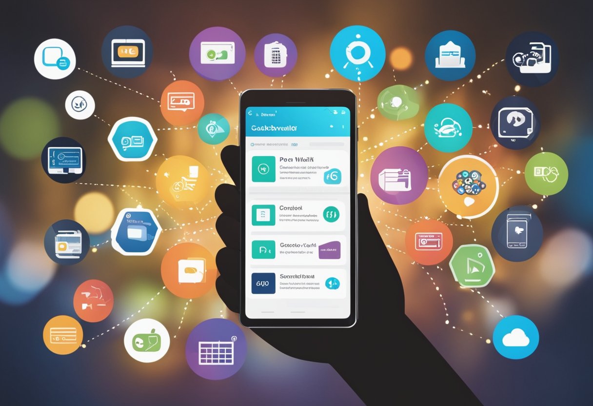 Um smartphone com um aplicativo de carteira digital aberto, cercado por vários ícones representando diferentes benefícios, como cashback, descontos e recompensas.