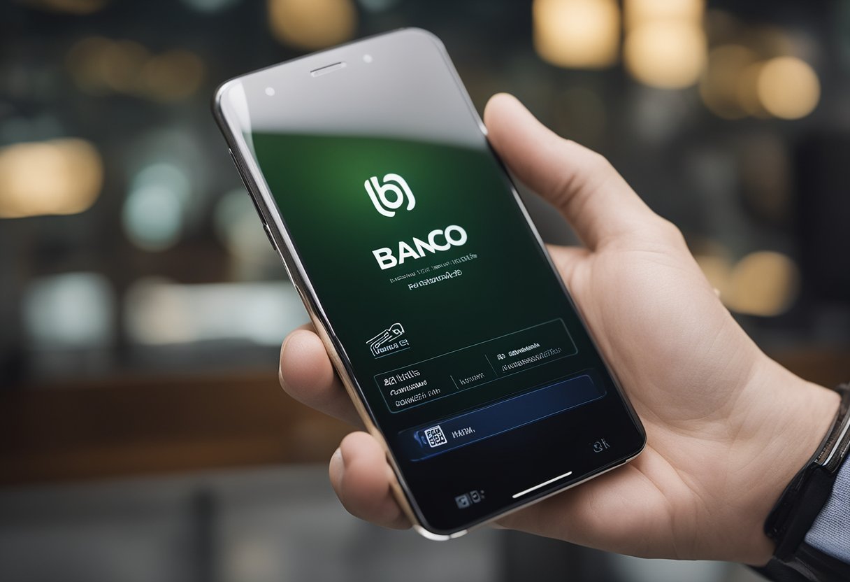 Uma mão segurando um smartphone com uma assinatura digital na tela, com o logotipo do Banco Inter exibido em destaque