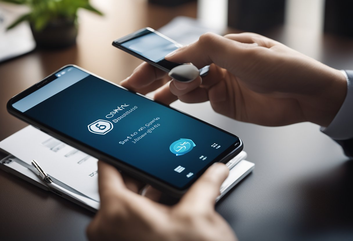 Uma assinatura digital sendo criada na tela de um smartphone, com um logotipo de banco ao fundo
