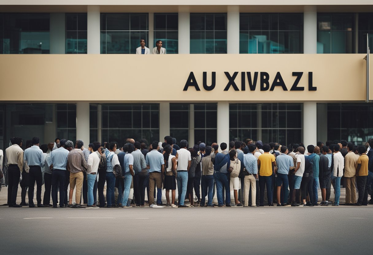 Uma fila de pessoas esperando do lado de fora de um escritório do governo, sob uma placa com a inscrição 'Auxílio Brasil'