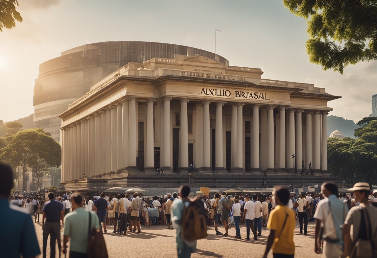 Um mercado movimentado com pessoas esperando na fila, segurando documentos e parecendo esperançosas. Um prédio do governo ao fundo exibe o nome "Auxílio Brasil."