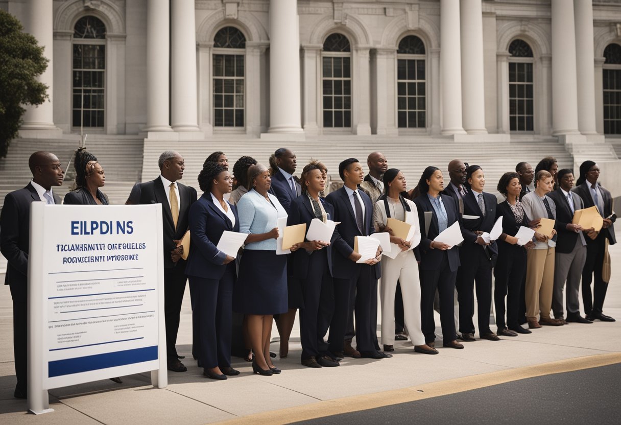 Um grupo de indivíduos diversos espera na fila do lado de fora de um prédio governamental, cada um segurando vários documentos e formulários. Uma placa com o nome do programa é exibida de forma proeminente na entrada.