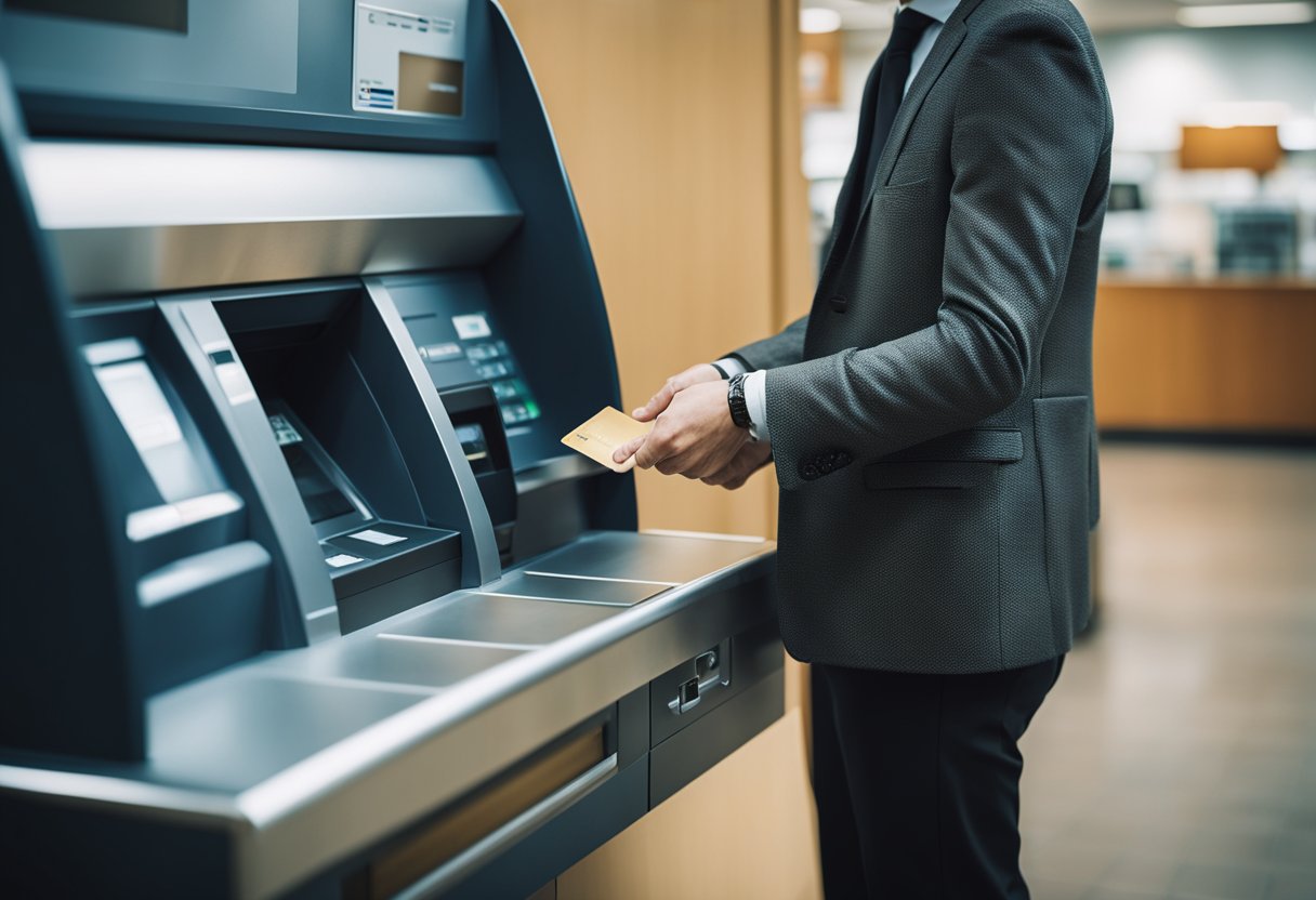 Uma pessoa em pé em um caixa eletrônico, inserindo um cartão e sacando dinheiro