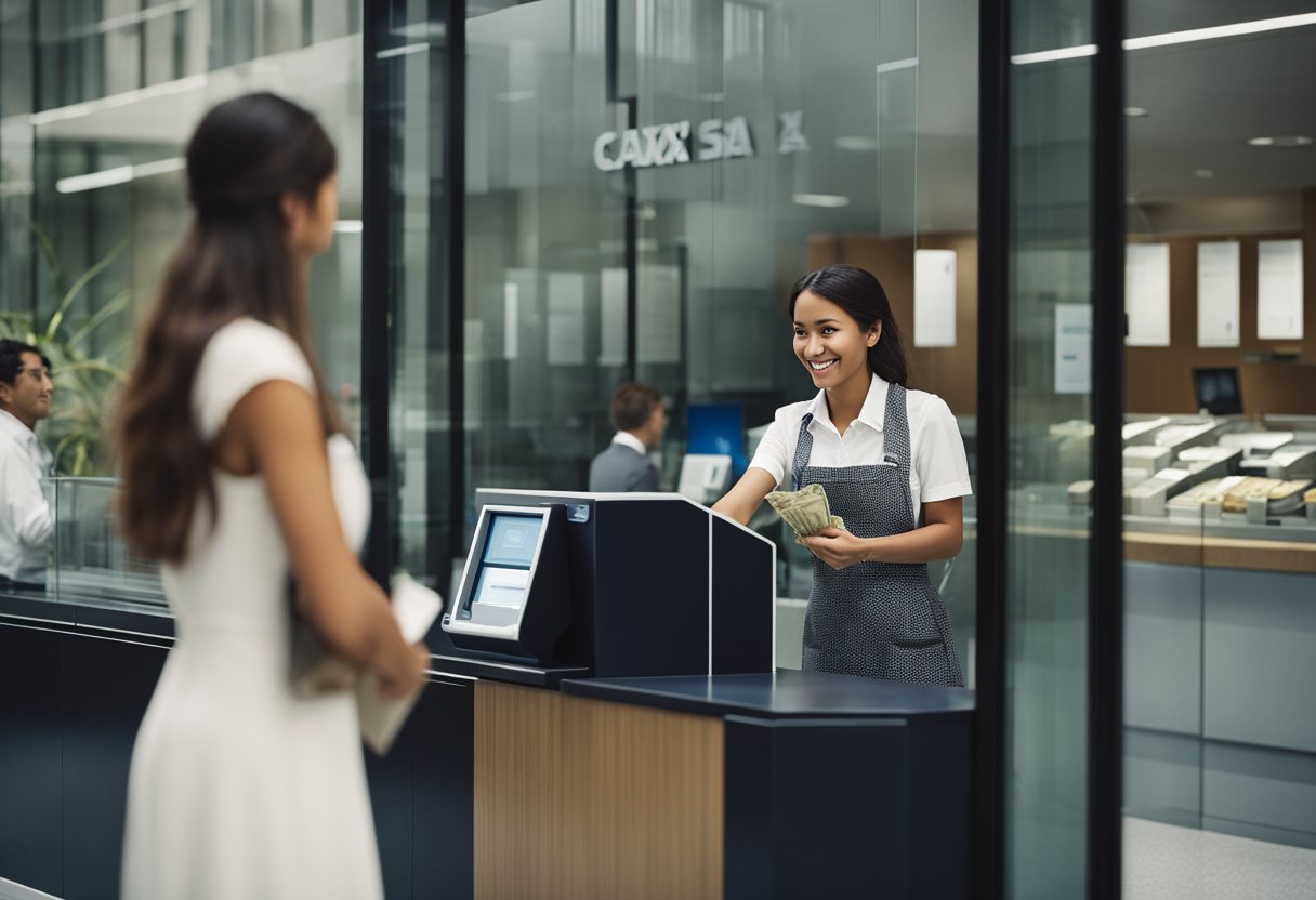 Uma pessoa em pé em uma janela de caixa, recebendo dinheiro do caixa da Caixa Econômica Federal