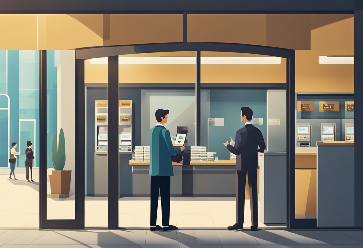 Uma pessoa em pé em uma janela de caixa de banco, recebendo dinheiro do caixa em uma agência da Caixa Econômica Federal