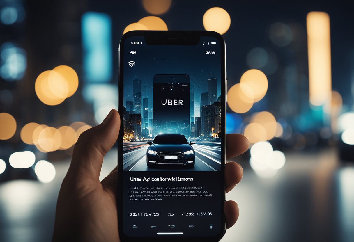 Um smartphone exibindo o aplicativo Uber com um ícone de carro e um limite de ano, contra um fundo de cidade à noite