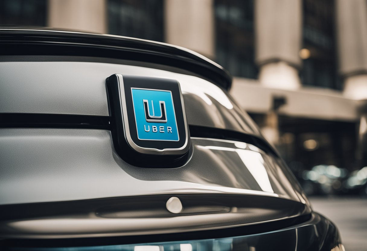 Um carro moderno estacionado ao lado de um logo da Uber, com um sinal de exigência de ano exibido