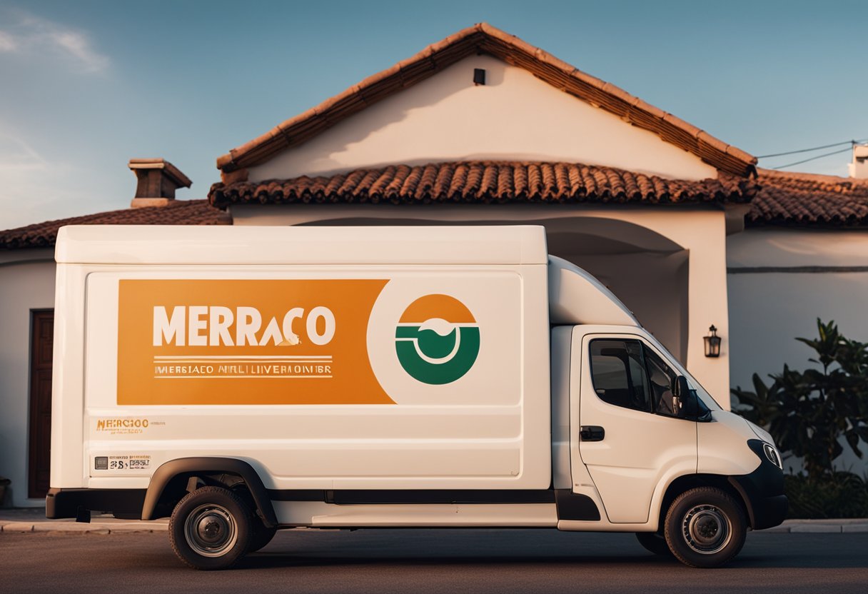 Um caminhão de entrega com o logo do Mercado Livre estacionado do lado de fora de uma casa ao entardecer, com um entregador levando um pacote até a porta da frente.
