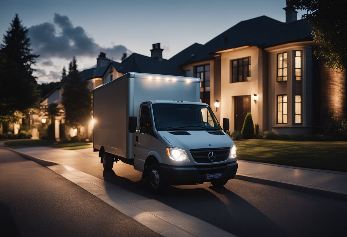Um caminhão de entrega estacionado do lado de fora de uma casa ao entardecer, com um entregador carregando um pacote até a porta da frente.