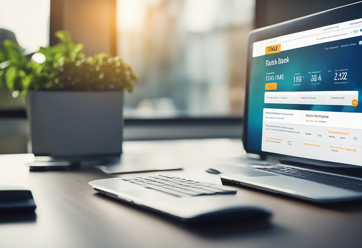 Uma tela de computador exibindo o site do banco Itaú com um formulário de pagamento para boleto, um relógio ao fundo mostrando o limite de tempo