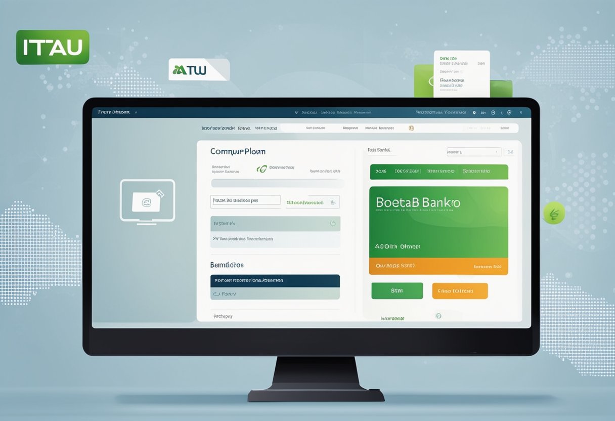 Uma tela de computador exibindo a plataforma de banco online do Itaú com um boleto bancário digital pronto para pagamento