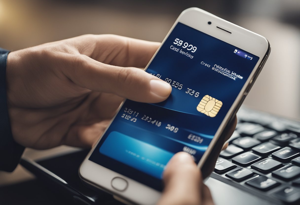 Uma mão segurando um cartão de crédito e pressionando botões em um smartphone para ativar a função de crédito no aplicativo do Banco Inter