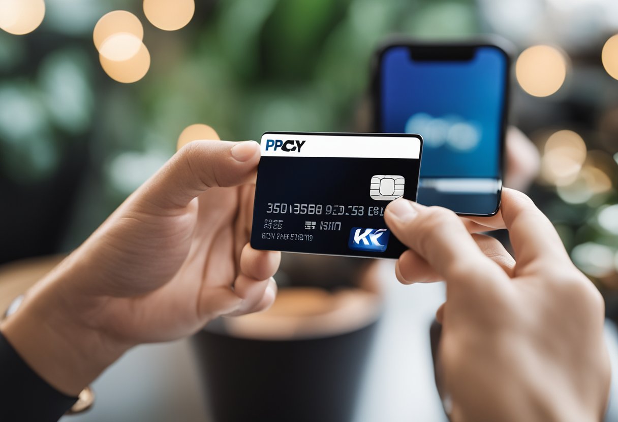 Uma mão segurando um cartão PicPay com a função de crédito sendo ativada na tela de um smartphone ao fundo