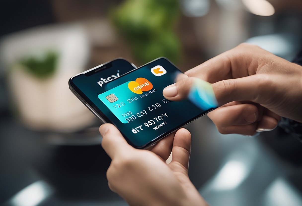 Uma mão segurando um cartão PicPay, com um telefone móvel aberto na página de criação de conta do aplicativo, e um botão sendo clicado para ativar a função de crédito no cartão