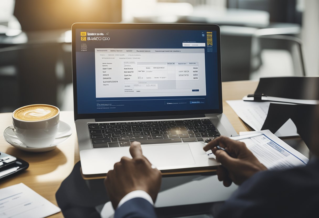 Uma pessoa sentada em uma mesa com um computador, segurando um extrato bancário e uma caneta, enquanto olha para o site do Banco do Brasil.