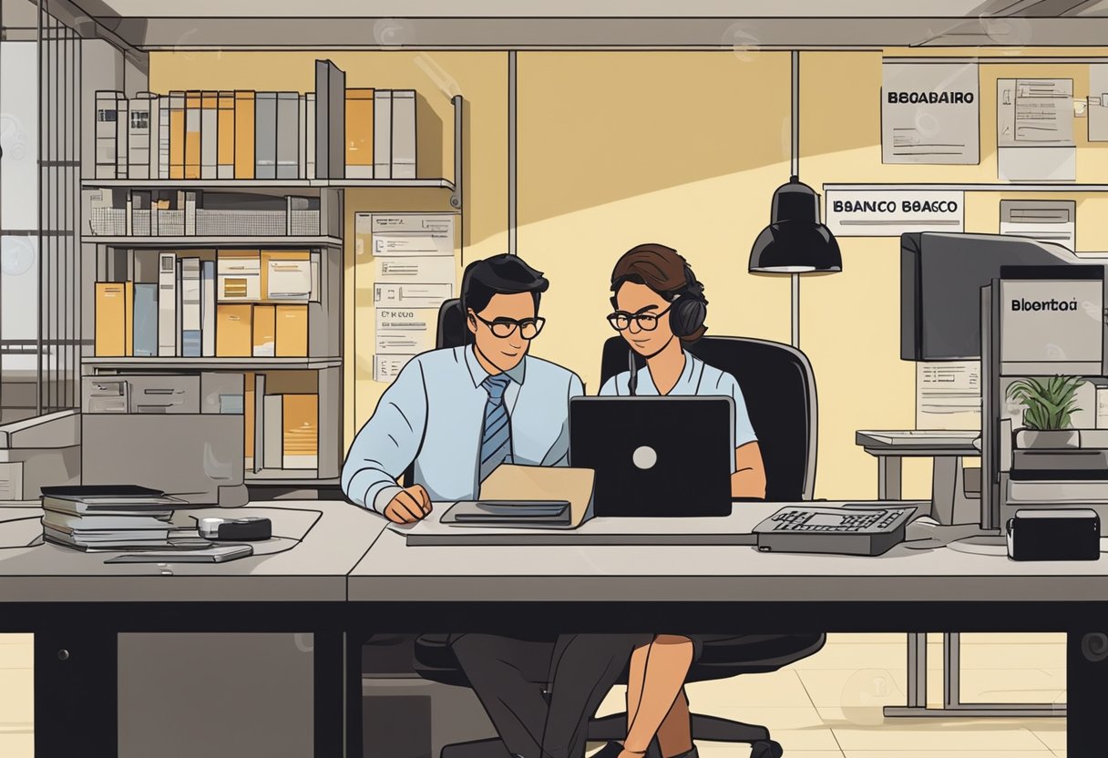 Uma pessoa em uma mesa, usando um computador para atualizar um boleto bancário do Banco do Brasil que está vencido.