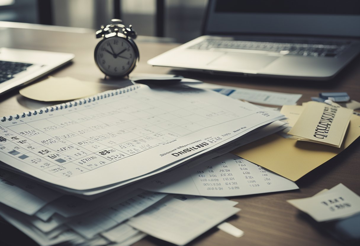 Uma conta atrasada estava sobre uma mesa bagunçada, cercada por papéis espalhados e um relógio ticando, enquanto um calendário na parede mostrava um prazo iminente.